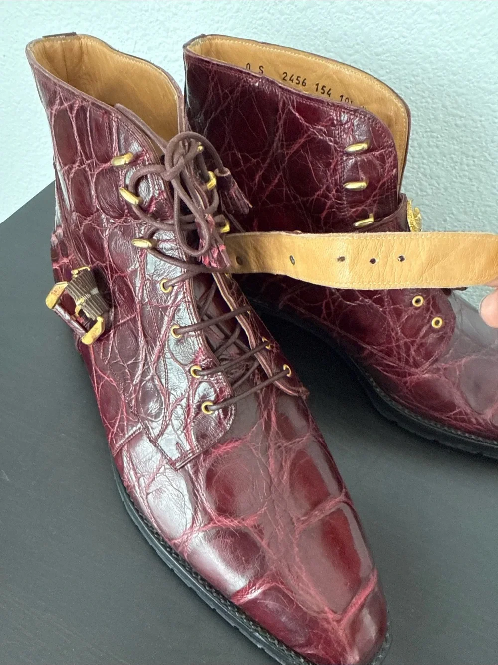 Mauri Luxury Combat Dress Ankle Boots Exotic Leather Genuine Alligator Burgundy